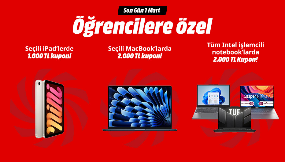 MediaMarkt'tan Öğrencilere Özel MacBook ve  Intel İşlemcili Notebook’larda 2.000 TL ve iPad’lerde 1.000 TL Kupon Desteği - MediaMarkt öğrenci indirimi kampanya görseli
